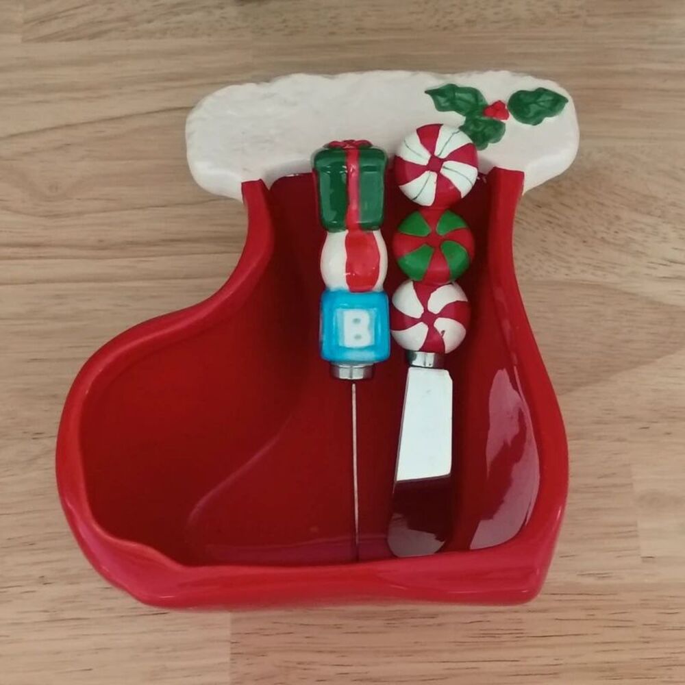 Giftco Ceramic Christmas Stocking Dipping Bowl & Stainless Steel Knives